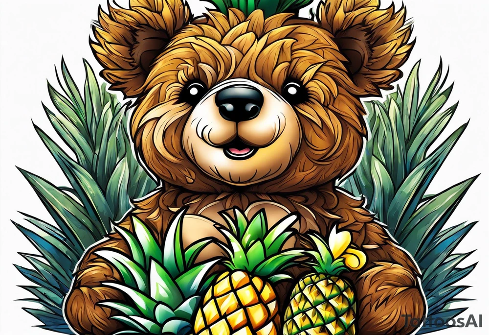 Teddy bear hugging pineapple tattoo idea