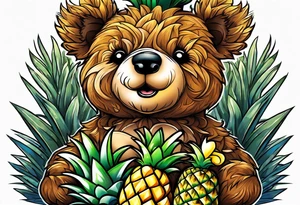 Teddy bear hugging pineapple tattoo idea