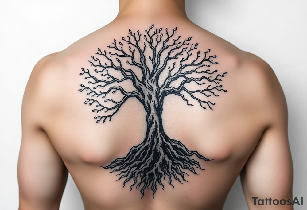 mystical tree of life with cosmic roots and celestial branches tattoo idea