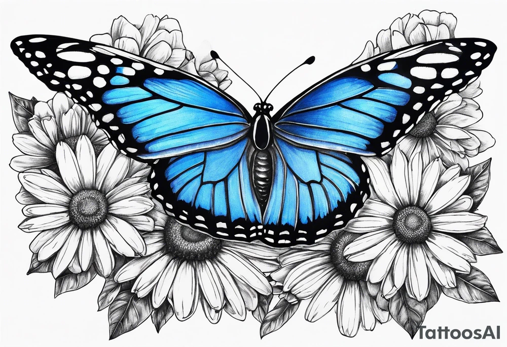 Blue monarch butterflies and daisies tattoo idea