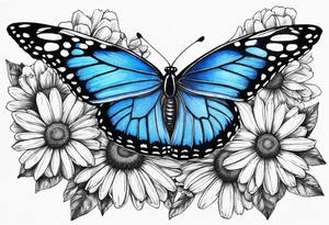 Blue monarch butterflies and daisies tattoo idea
