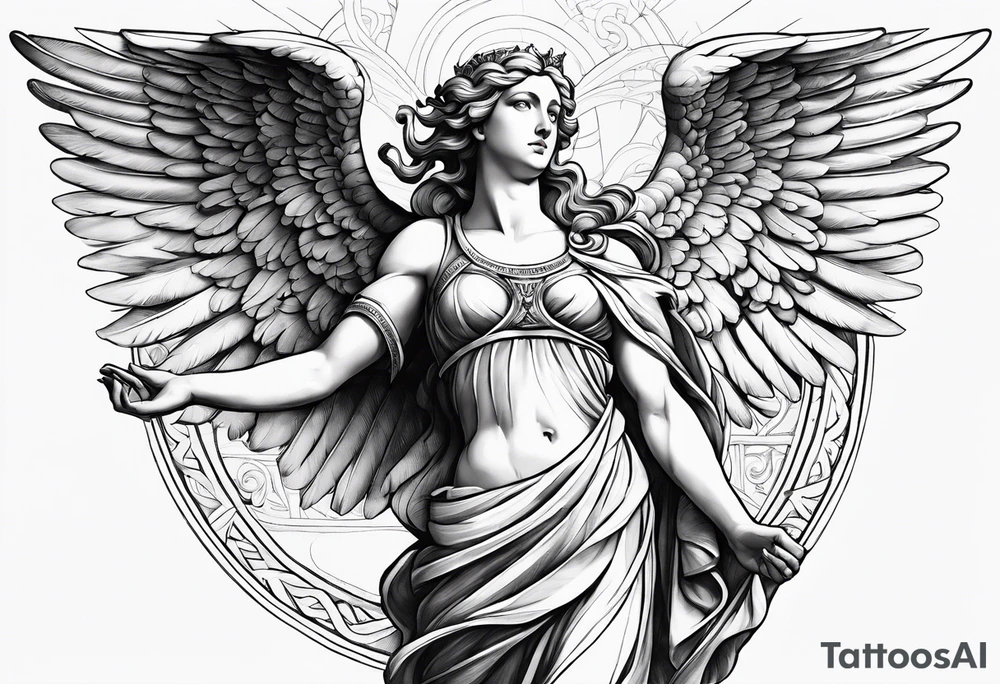 Generates on the biceps shoulder, a Greek-type composition with a Baroque-type guardian angel, the Fibonacci rectangle, with minimalist elements. tattoo idea