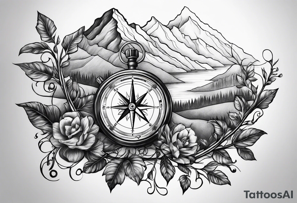 Vine branch long with mountains music compass tattoo idea