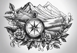 Vine branch long with mountains music compass tattoo idea