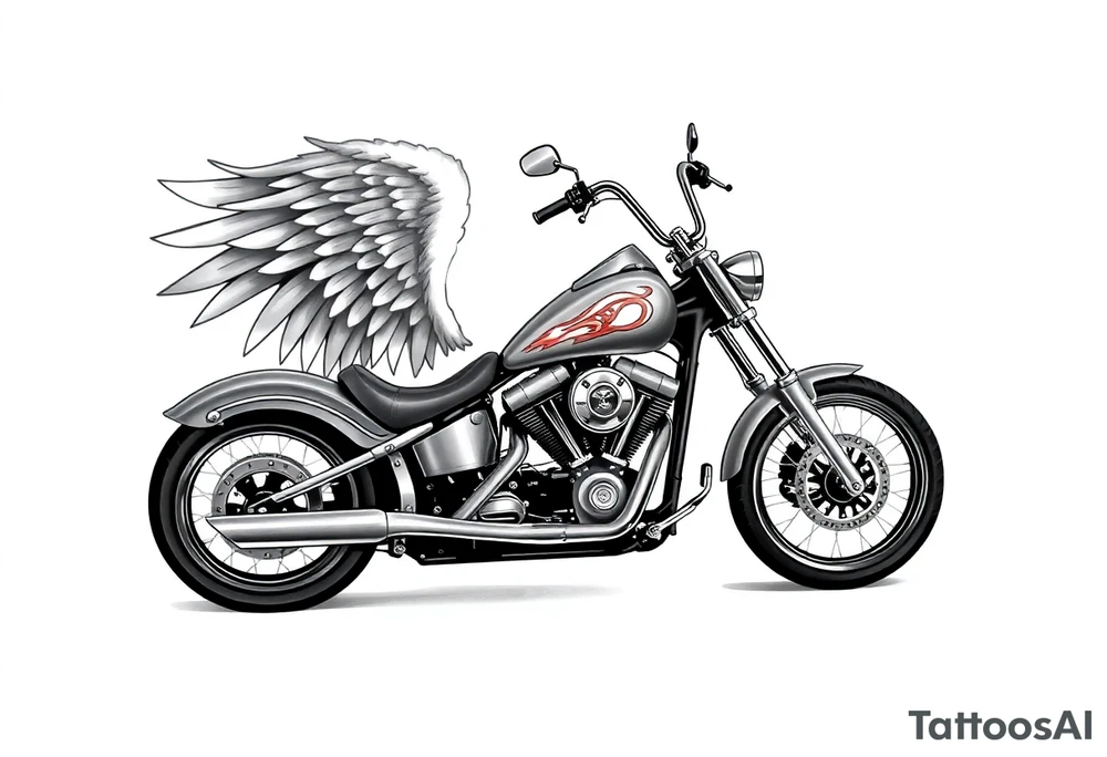 Low rider grey motorcycle, flames, angel wings tattoo idea
