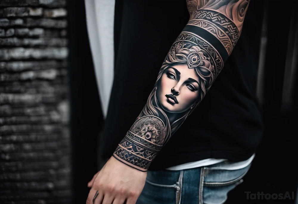 A full tattoo sleeve inspired by Greek mythology, designed with a dark and powerful aesthetic. The centerpiece is the Greek goddess Aphrodite, depicted with a strong yet ethereal presence, embodying both beauty and power. Surrounding her, intricate mandala patterns are woven into the design, adding a sense of balance and symmetry while maintaining a masculine edge. The shading throughout the sleeve is heavy and dramatic, creating deep contrasts and a sense of depth. Additional elements like laurel wreaths, classical columns, or stormy ocean waves intertwine with Aphrodite, symbolizing strength, endurance, and the untamed forces of nature. The overall design should be bold and intense, capturing the mythological grandeur in a way that resonates with a strong, masculine energy. tattoo idea
