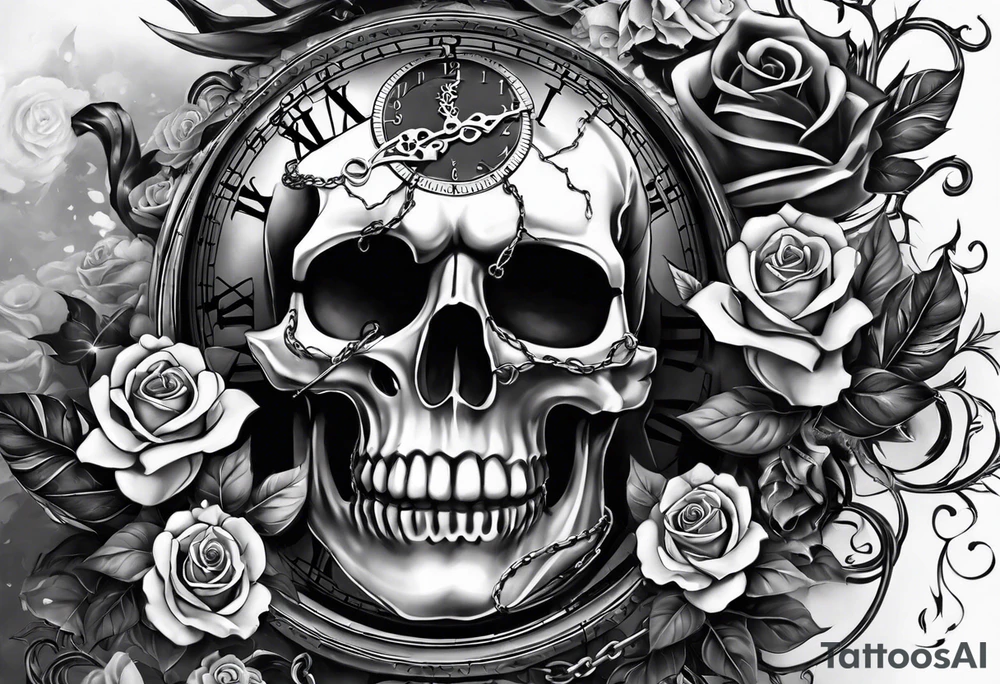 tattoo fool sleeve, tree roots break out of the chains, broken mask, clock with flying numbers, girl and skull, roses tattoo idea