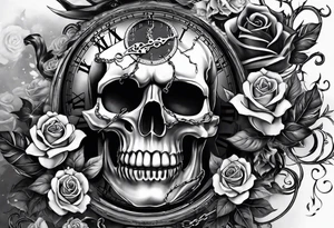 tattoo fool sleeve, tree roots break out of the chains, broken mask, clock with flying numbers, girl and skull, roses tattoo idea
