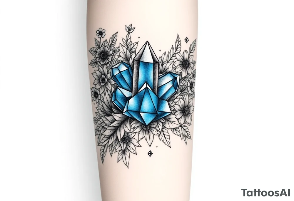 Produce a forearm sleeve tattoo design  The central focal point is a cluster of three vibrant blue crystals interwoven between foliage so that it looks like the leaves and foliage and flowers are weaving in and out and wrapping around the crystals. Surround these with a dense arrangement of black-and-grey foliage, flowers, and shrubs. The crystals should be faceted, standing out vividly in blue against the surrounding monochrome elements.

Integrate additional smaller crystal clusters (each with 3–4 crystals) throughout the foliage, but render these in fine black-and-grey linework so they blend naturally with the botanical elements. Use dotwork and fine shading for depth, with clean linework that balances organic foliage with the sharp geometry of the crystals.

All elements are black and grey except the main central crystal cluster, which is a striking blue. tattoo idea