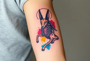 An Anubis with a Halo – Blending Egyptian mythology with Christian spirituality, symbolizing protection and righteousness. tattoo idea