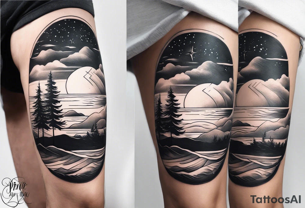 Leg sleeve starting with the beach at the ankle then the pine barrens then the sky at the knee tattoo idea