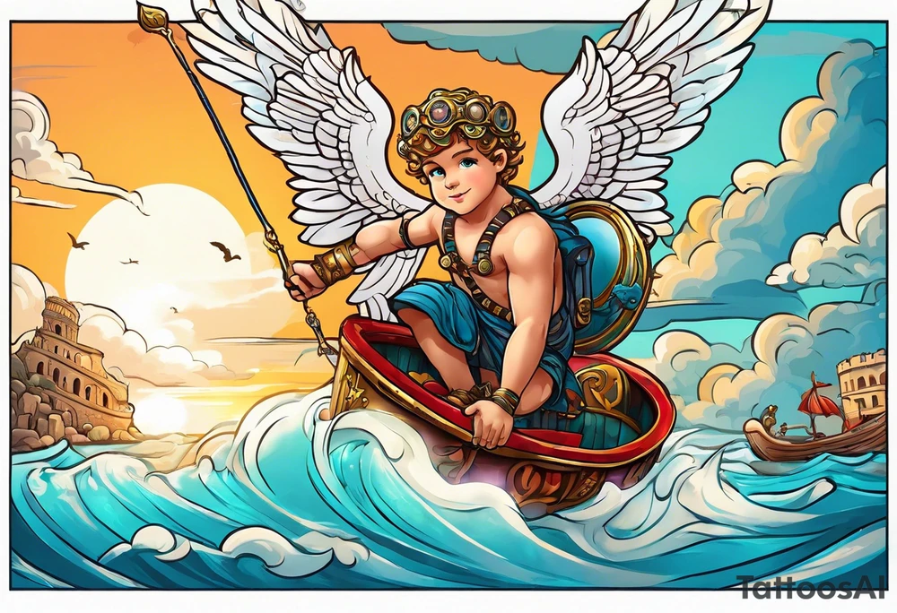Cupido  fly boy with wings, background sea, ancient rome gods tattoo idea