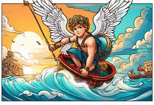 Cupido  fly boy with wings, background sea, ancient rome gods tattoo idea
