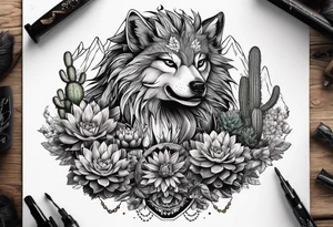 Lobo com cílios grande,  cactos e árvore sa vida tattoo idea