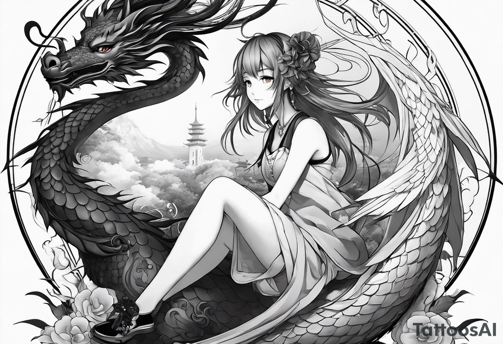 a full shot of an anime girl seen from far, sitting on a ball and surrounded by asian dragon with wings tattoo idea