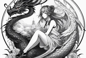 a full shot of an anime girl seen from far, sitting on a ball and surrounded by asian dragon with wings tattoo idea