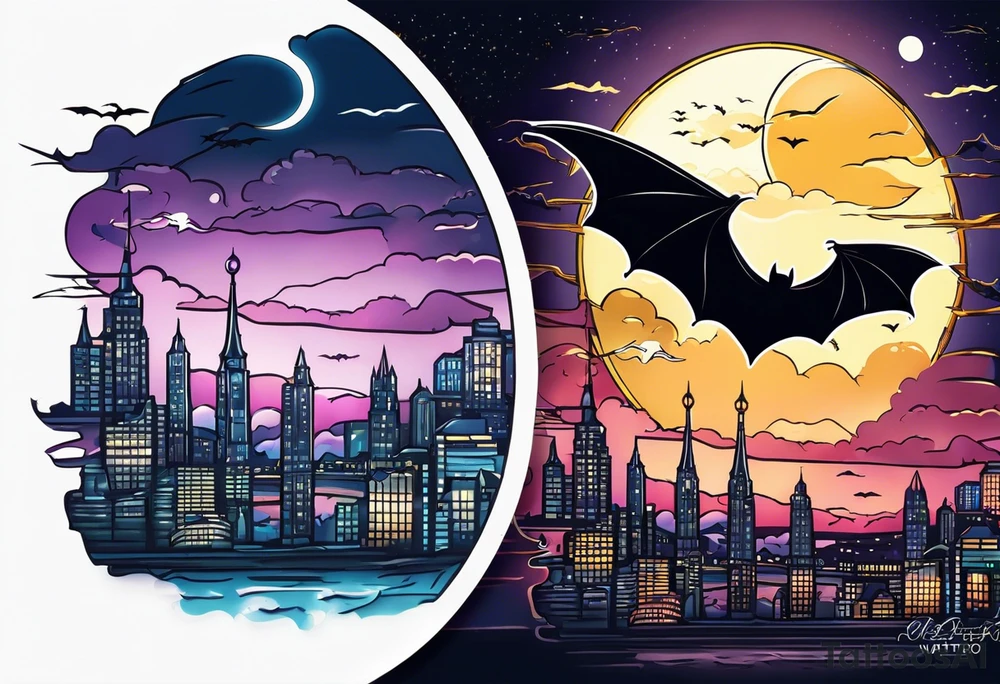 bat signal at night over a cityscape tattoo idea