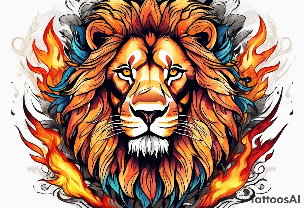 A lion surrounded by fire in full color tattoo idea