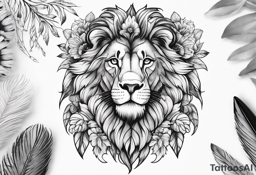 elegant lion with feathers floral tattoo idea