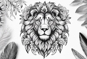 elegant lion with feathers floral tattoo idea