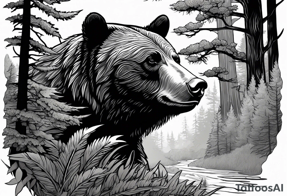 black bear mountain forest tattoo idea