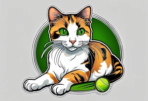 Calico cat with green eyes playing with a cricket-shaped toy tattoo idea