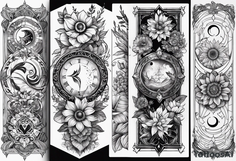 Design a sleeve arm tattoo that symbolizes power, peace and love with the sun and moon and with flowers and butterflies but also shows masculinity tattoo idea