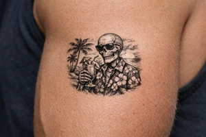 Skeleton in Hawaiian shirt and sunglasses holding a cocktail on a beach with palm trees and a setting sun. tattoo idea