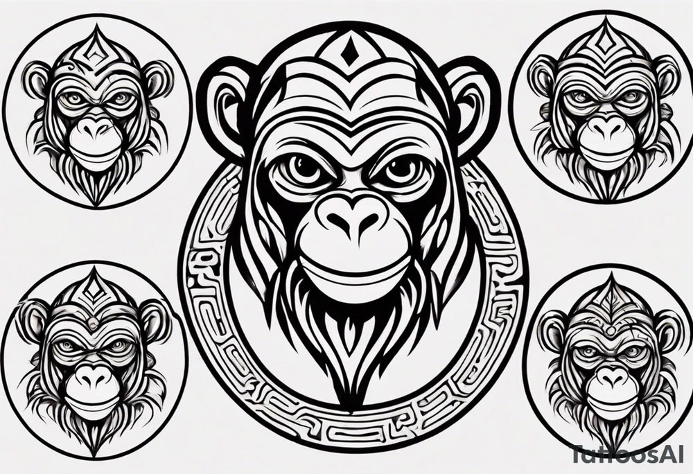 Create a tribal cartoon monkey outline in a small circle tattoo idea
