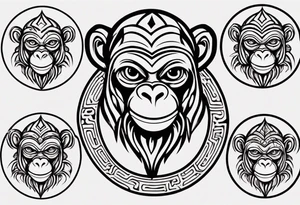 Create a tribal cartoon monkey outline in a small circle tattoo idea