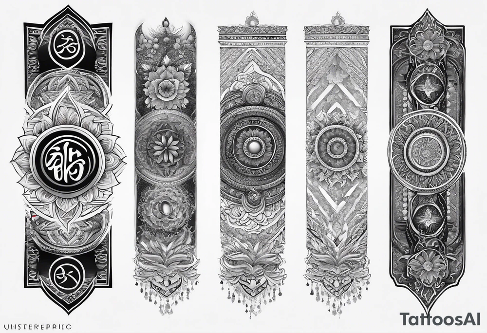 Spiritual forearm sleeve tattoo centred around the Sanskrit symbol for breathe tattoo idea