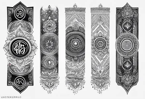 Spiritual forearm sleeve tattoo centred around the Sanskrit symbol for breathe tattoo idea