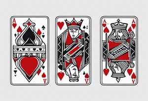 one combined tatto in minimalistic style with icon style three king of spades and icon style one queen of hearts. extreme minimalstic and few lines. much more minimalistic and fewer lines tattoo idea