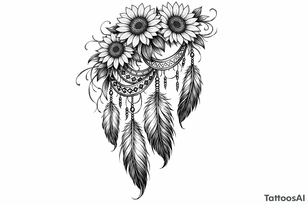 Cascading Sunflowers with Indian feathers and Indian ribbon tattoo idea