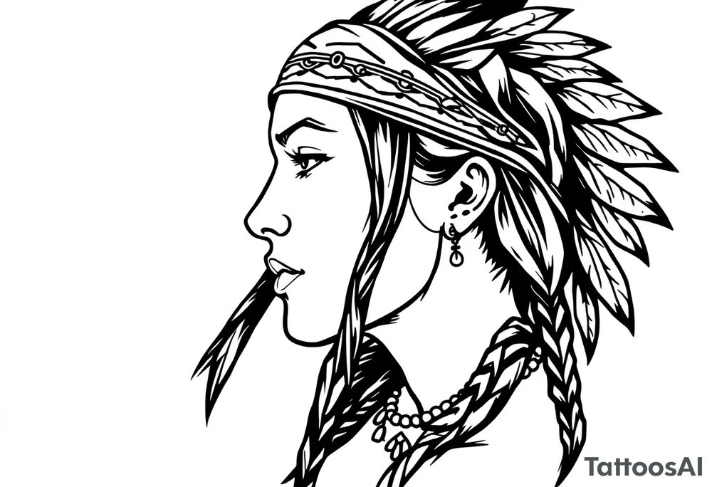 Female Native American wearing headband side pose tattoo idea
