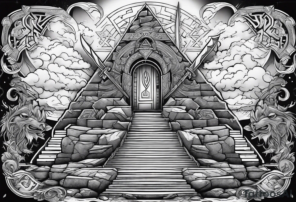 Valhalla stairs 
Valhalla stairs sword shield  axe 
Valknut  ruins lightnings tattoo idea