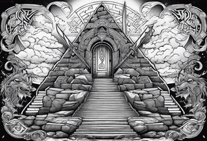 Valhalla stairs 
Valhalla stairs sword shield  axe 
Valknut  ruins lightnings tattoo idea