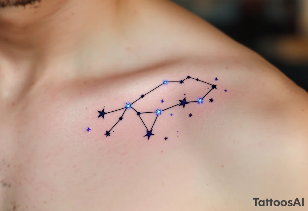 A minimalist Sagittarius constellation tattoo, with thin, fine lines connecting the bright stars. The stars are dotted with a subtle blue glow. The tattoo can have a faint purple watercolor wash around the lines to give it a celestial vibe, with the stars representing the Sagittarian quest for wisdom and truth. tattoo idea