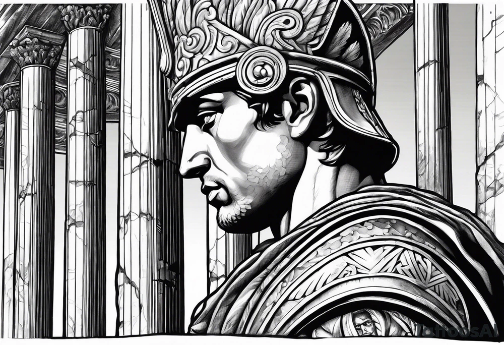 close of of Roman solider looking at distant pillars tattoo idea