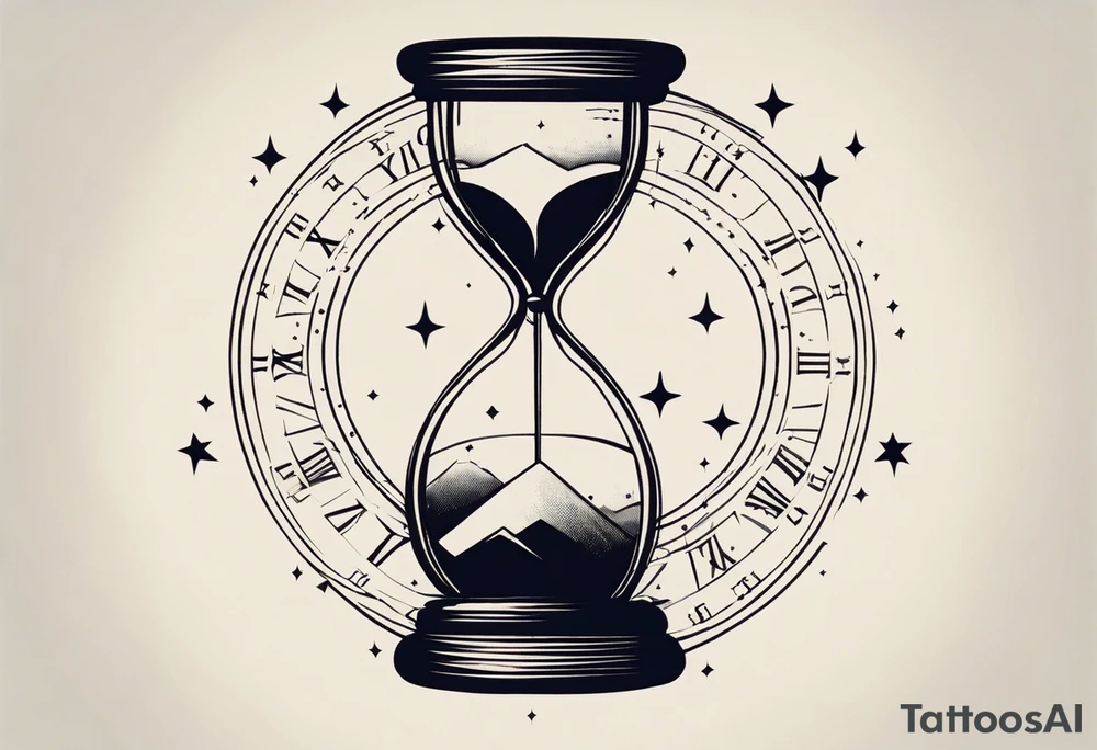 I want a tattoo-inspired design for a t-shirt that features a bold and detailed hourglass with a hand clock in the center, using Amazigh numerals for the clock numbers. The hourglass should have a strong, shaded look, with sharp lines resembling tattoo art. Planets and stars should orbit around the hourglass, giving it a cosmic and timeless feel. The design should be intricate, focusing on the flow of time and the universe, with the planets adding depth and movement. The overall aesthetic should be bold and detailed, in a blackwork tattoo style, without any flowers."black and whit design tattoo idea