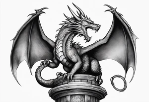 dragon perched with all 4 claws grabbing a pole and facing forward tattoo idea