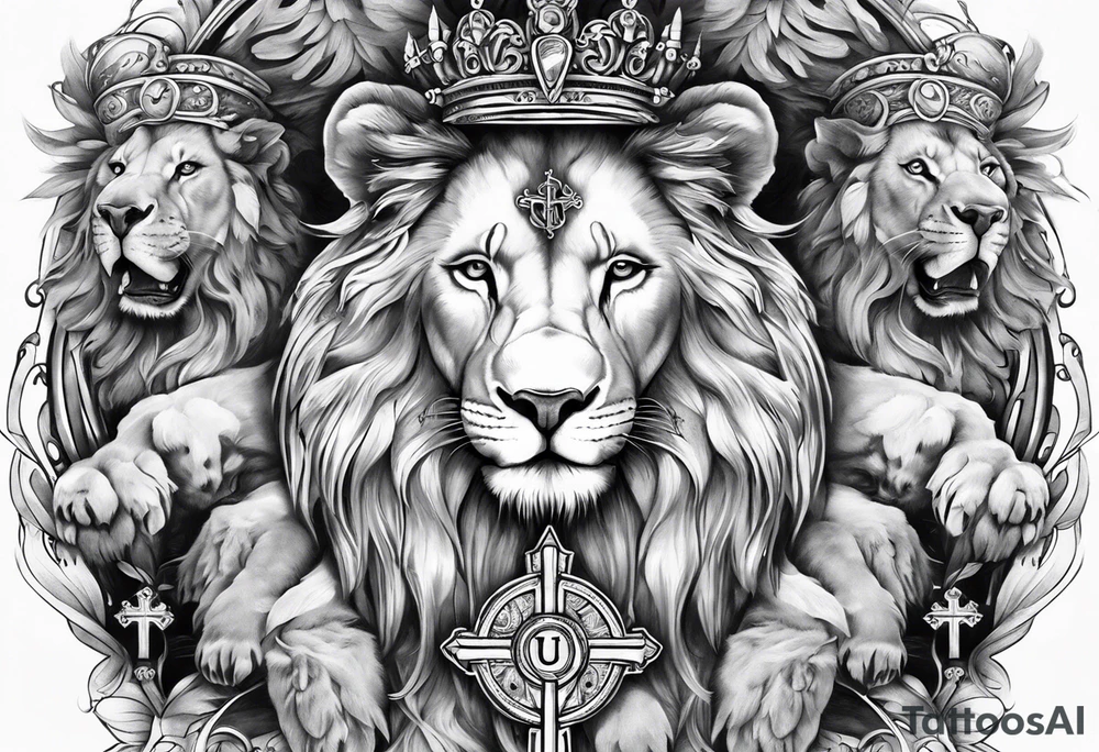 Full sleeve with Lion, cross, praying hands and angels. Incorporate the names Scarlett and Faith in the design tattoo idea