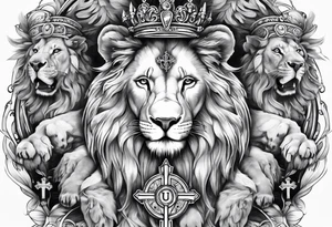 Full sleeve with Lion, cross, praying hands and angels. Incorporate the names Scarlett and Faith in the design tattoo idea