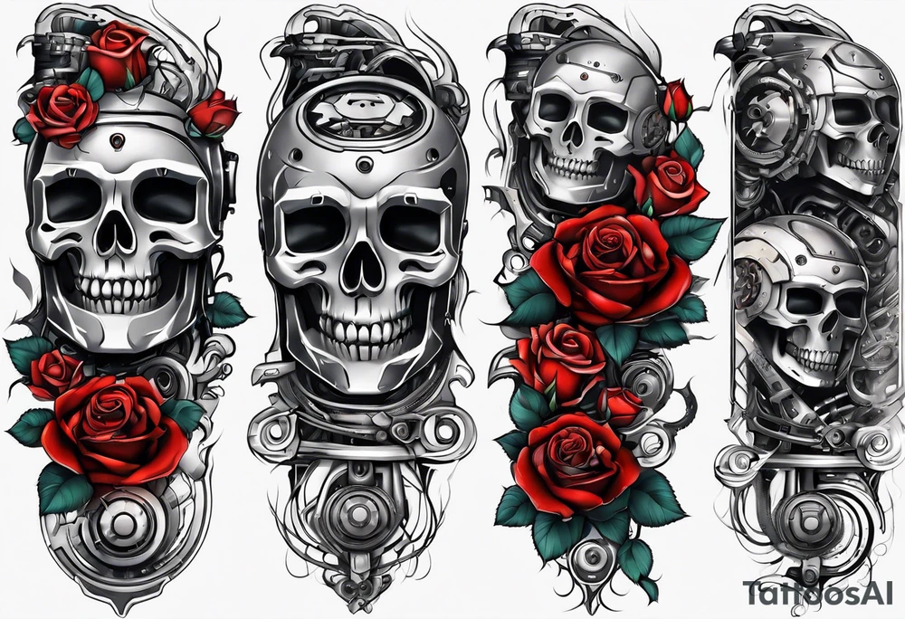 Blend roses and robotic machinery for an arm sleeve tattoo idea