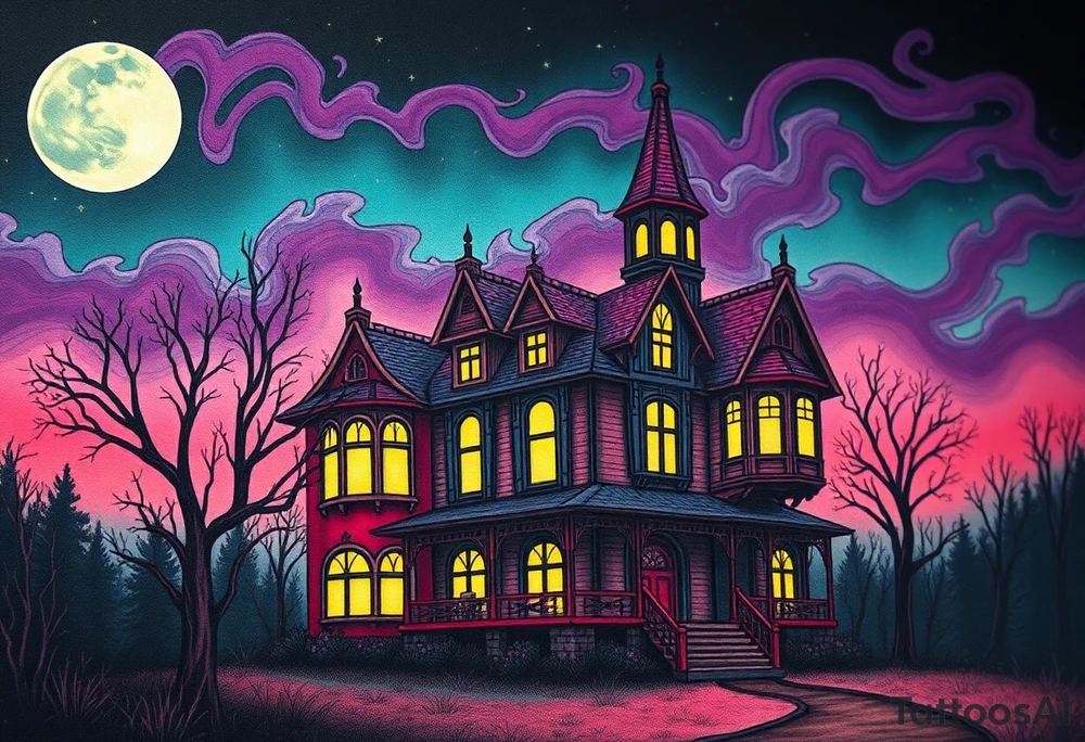 Tim Burton’s haunted victorian home is abandoned and dripping with muted reds, dusty pinks, and eerie green glow.purple and cyan smokey clouds swirl in the crescent moonlit sky thats sprinkled with stars tattoo idea tattoo idea
