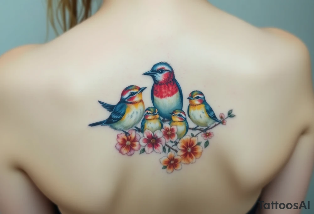 Mom bird and three baby birds with flowers tattoo idea