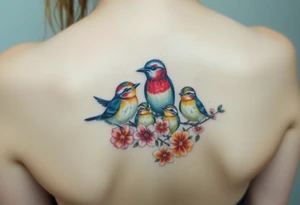 Mom bird and three baby birds with flowers tattoo idea