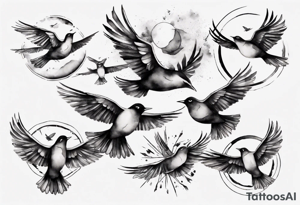 shoulder tattoo with light rays with birds flying free among the clouds, round shape, 3d effect tattoo idea shoulder tattoo with light rays with birds flying free among the clouds, round shape, 3d effect tattoo idea