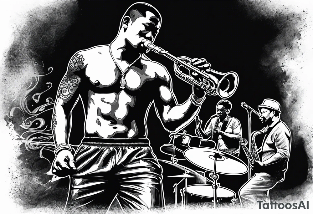 Muay Thai boxer with strong body is playing jazz on a Selmer tenor saxophone in a jazz club front of a jazz trio band. The notes are coming out from the saxophone and turning into buddhist symbols. tattoo idea