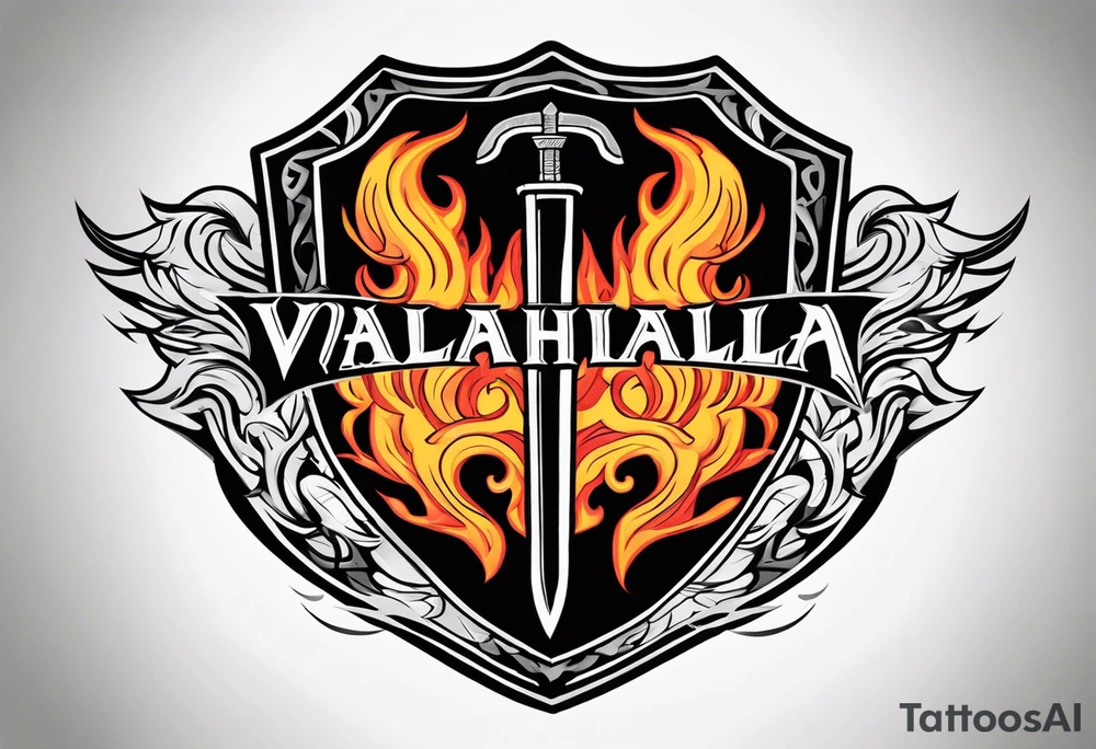 Valhalla on  fire shield sword tattoo idea